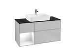 Villeroy und Boch Finion Waschtischunterschrank G412GFGJ 120cm, Abdeckplatte black matt, Emotion, Regal links Glossy white lacquer, Light grey matt
