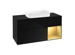Villeroy und Boch Finion Waschtischunterschrank F302HFPH 120cm, Abdeckplatte black matt, Regal rechts Gold matt, Glossy Black Lacquer