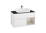 Villeroy und Boch Finion Waschtischunterschrank G372HHGF 100cm, Abdeckplatte black matt, Emotion, Regal rechts Sand Matt, Glossy white lacquer