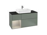 Villeroy und Boch Finion Waschtischunterschrank F412HHGM 120cm, Abdeckplatte black matt, Regal links Sand Matt Lacquer, Olive Matt Lacquer