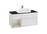 Villeroy und Boch Finion Waschtischunterschrank F412HHMT 120cm, Abdeckplatte black matt, Regal links Sand Matt Lacquer, White matt lacquer