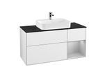 Villeroy und Boch Finion Waschtischunterschrank G422GJGF 120cm, Abdeckplatte black matt, Emotion, Regal rechts Light grey matt, Glossy white lacquer