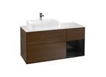 Villeroy und Boch Finion Waschtischunterschrank F401PHGN 120cm, Abdeckplatte white matt, Regal rechts Glossy Black Lacquer, Walnut veneer