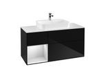 Villeroy und Boch Finion Waschtischunterschrank F411MTPH 120cm, Abdeckplatte white matt, Regal links White matt lacquer, Glossy Black Lacquer