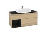 Villeroy und Boch Finion Waschtischunterschrank G412PHPC 120cm, Abdeckplatte black matt, Emotion, Regal links Glossy Black Lacquer, Oak Veneer