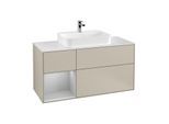 Villeroy und Boch Finion Waschtischunterschrank G411GJHH 120cm, Abdeckplatte white matt, Emotion, Regal links Light grey matt, Sand Matt Lacquer