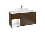 Villeroy und Boch Finion Waschtischunterschrank F411GFGN 120cm, Abdeckplatte white matt, Regal links Glossy white lacquer, Walnut veneer