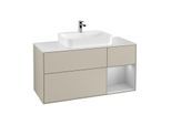 Villeroy und Boch Finion Waschtischunterschrank F421GJHH 120cm, Abdeckplatte white matt, Regal rechts Light grey matt, Sand Matt Lacquer