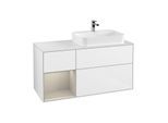 Villeroy und Boch Finion Waschtischunterschrank F391HHGF 120cm, Abdeckplatte white matt, Regal links Sand Matt Lacquer, Glossy white lacquer