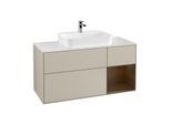 Villeroy und Boch Finion Waschtischunterschrank F421GNHH 120cm, Abdeckplatte white matt, Regal rechts Walnut veneer, Sand Matt Lacquer