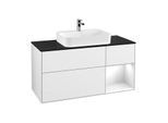Villeroy und Boch Finion Waschtischunterschrank F422GFGF 120cm, Abdeckplatte black matt, Regal rechts Glossy white lacquer, Glossy white lacquer