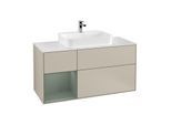 Villeroy und Boch Finion Waschtischunterschrank F411GMHH 120cm, Abdeckplatte white matt, Regal links Olive Matt Lacquer, Sand Matt Lacquer