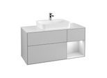 Villeroy und Boch Finion Waschtischunterschrank G421MTGJ 120cm, Abdeckplatte white matt, Emotion, Regal rechts White matt, Light grey matt