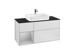 Villeroy und Boch Finion Waschtischunterschrank F412GJMT 120cm, Abdeckplatte black matt, Regal links Light grey matt, White matt lacquer