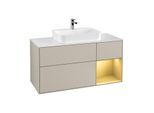 Villeroy und Boch Finion Waschtischunterschrank F421HFHH 120cm, Abdeckplatte white matt, Regal rechts Gold matt, Sand Matt Lacquer