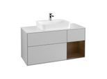 Villeroy und Boch Finion Waschtischunterschrank F421GNGJ 120cm, Abdeckplatte white matt, Regal rechts Walnut veneer, Light grey matt
