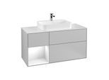 Villeroy und Boch Finion Waschtischunterschrank G411GFGJ 120cm, Abdeckplatte white matt, Emotion, Regal links Glossy white lacquer, Light grey matt