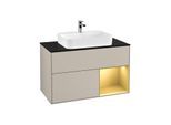 Villeroy und Boch Finion Waschtischunterschrank F372HFHH 100cm, Abdeckplatte black matt, Regal rechts Gold matt, Sand Matt Lacquer