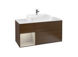 Villeroy und Boch Finion Waschtischunterschrank F411HHGN 120cm, Abdeckplatte white matt, Regal links Sand Matt Lacquer, Walnut veneer