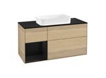 Villeroy und Boch Finion Waschtischunterschrank G292PHPC 120cm, Abdeckplatte black matt, Emotion, Regal links Glossy Black Lacquer, Oak Veneer