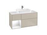 Villeroy und Boch Finion Waschtischunterschrank F411GFHH 120cm, Abdeckplatte white matt, Regal links Glossy white lacquer, Sand Matt Lacquer