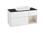 Villeroy und Boch Finion Waschtischunterschrank F302HHGF 120cm, Abdeckplatte black matt, Regal rechts Sand Matt, Glossy white lacquer