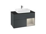 Villeroy und Boch Finion Waschtischunterschrank F372HHHG 100cm, Abdeckplatte black matt, Regal rechts Sand Matt, Midnight Blue Matt Lacquer