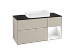 Villeroy und Boch Finion Waschtischunterschrank F302GFHH 120cm, Abdeckplatte black matt, Regal rechts Glossy white lacquer, Sand Matt Lacquer