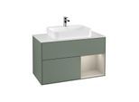 Villeroy und Boch Finion Waschtischunterschrank G371HHGM 100cm, Abdeckplatte white matt, Emotion, Regal rechts Sand Matt, Olive Matt Lacquer