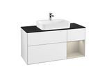 Villeroy und Boch Finion Waschtischunterschrank G422HHGF 120cm, Abdeckplatte black matt, Emotion, Regal rechts Sand matt, Glossy white lacquer