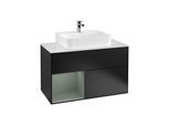 Villeroy und Boch Finion Waschtischunterschrank F111GMPD 100cm, Abdeckplatte black matt, Regal links Olive Matt Lacquer, Black matt lacquer