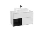 Villeroy und Boch Finion Waschtischunterschrank F111PHMT 100cm, Abdeckplatte black matt, Regal links Glossy Black Lacquer, White matt lacquer