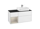 Villeroy und Boch Finion Waschtischunterschrank F142HHGF 120cm, Abdeckplatte Glass Black Matt, Regal links Sand Matt Lacquer, Glossy white lacquer