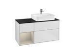 Villeroy und Boch Finion Waschtischunterschrank F142HHMT 120cm, Abdeckplatte Glass Black Matt, Regal links Sand Matt Lacquer, White matt lacquer