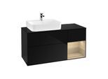 Villeroy und Boch Finion Waschtischunterschrank G152PCPH 120cm, Abdeckplatte black matt, Emotion, Regal links Oak Veneer, Glossy Black Lacquer