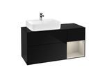 Villeroy und Boch Finion Waschtischunterschrank G152HHPH 120cm, Abdeckplatte black matt, Emotion, Regal links Sand Matt Lacquer, Glossy Black Lacquer
