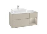 Villeroy und Boch Finion Waschtischunterschrank G151HHHH 120cm, Abdeckplatte white matt, Emotion, Regal links Sand Matt Lacquer, Sand Matt Lacquer