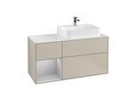 Villeroy und Boch Finion Waschtischunterschrank F141GJHH 120cm, Abdeckplatte glass white Matt, Regal links Light grey matt, Sand Matt Lacquer