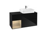 Villeroy und Boch Finion Waschtischunterschrank G142PCPH 120cm, Abdeckplatte black matt, Emotion, Regal links Oak Veneer, Glossy Black Lacquer
