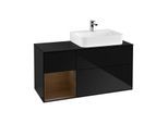 Villeroy und Boch Finion Waschtischunterschrank F142GNPH 120cm, Abdeckplatte Glass Black Matt, Regal links Walnut veneer, Glossy Black Lacquer