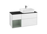 Villeroy und Boch Finion Waschtischunterschrank F142GMGF 120cm, Abdeckplatte Glass Black Matt, Regal links Olive Matt Lacquer, Glossy white lacquer