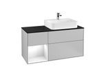 Villeroy und Boch Finion Waschtischunterschrank F142GFGJ 120cm, Abdeckplatte Glass Black Matt, Regal links Glossy white lacquer, Light grey matt
