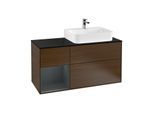 Villeroy und Boch Finion Waschtischunterschrank G142HGGN 120cm, Abdeckplatte black matt, Emotion, Regal links Midnight Blue Matt Lacquer, Walnut veneer