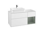 Villeroy und Boch Finion Waschtischunterschrank F151GMGF 120cm, Abdeckplatte white matt, Regal rechts Olive Matt Lacquer, Glossy white lacquer