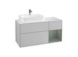 Villeroy und Boch Finion Waschtischunterschrank F151GMGJ 120cm, Abdeckplatte white matt, Regal rechts Olive Matt Lacquer, Light grey matt