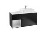 Villeroy und Boch Finion Waschtischunterschrank F141GJPD 120cm, Abdeckplatte glass white Matt, Regal links Light grey matt, Black matt lacquer