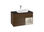 Villeroy und Boch Finion Waschtischunterschrank F782HHGN 100cm, Abdeckplatte black matt, Regale sand matt lacquer, Walnut veneer