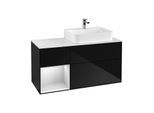 Villeroy und Boch Finion Waschtischunterschrank F141MTPH 120cm, Abdeckplatte glass white Matt, Regal links White matt lacquer, Glossy Black Lacquer