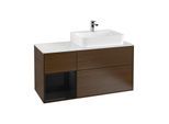 Villeroy und Boch Finion Waschtischunterschrank G141PHGN 120cm, Abdeckplatte white matt, Emotion, Regal links Glossy Black Lacquer, Walnut veneer