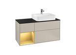 Villeroy und Boch Finion Waschtischunterschrank F142HFHH 120cm, Abdeckplatte Glass Black Matt, Regal links Gold matt, Sand Matt Lacquer